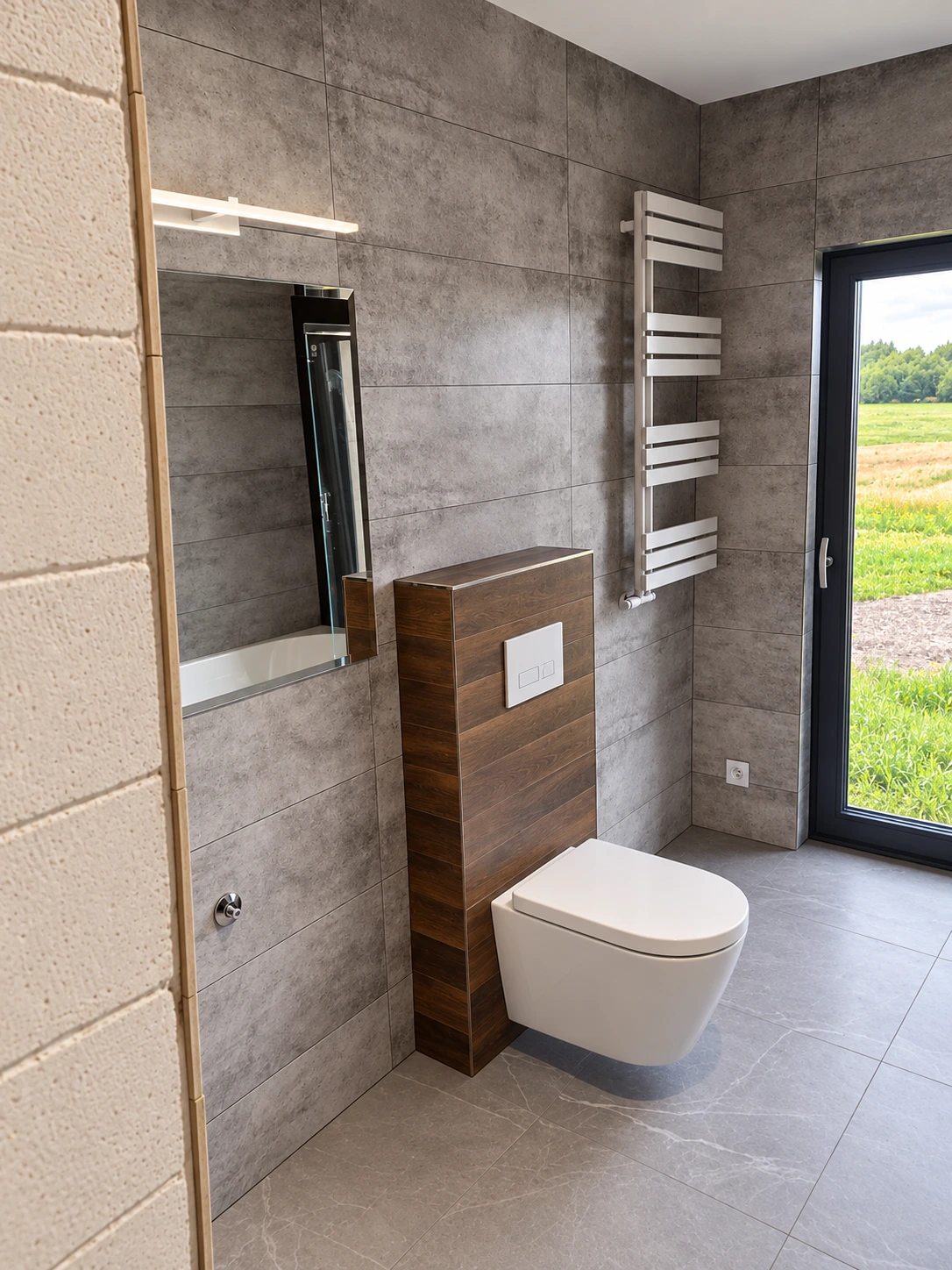 Strefa WC z szarą okładziną i drewnianą zabudową w Ustarbowie